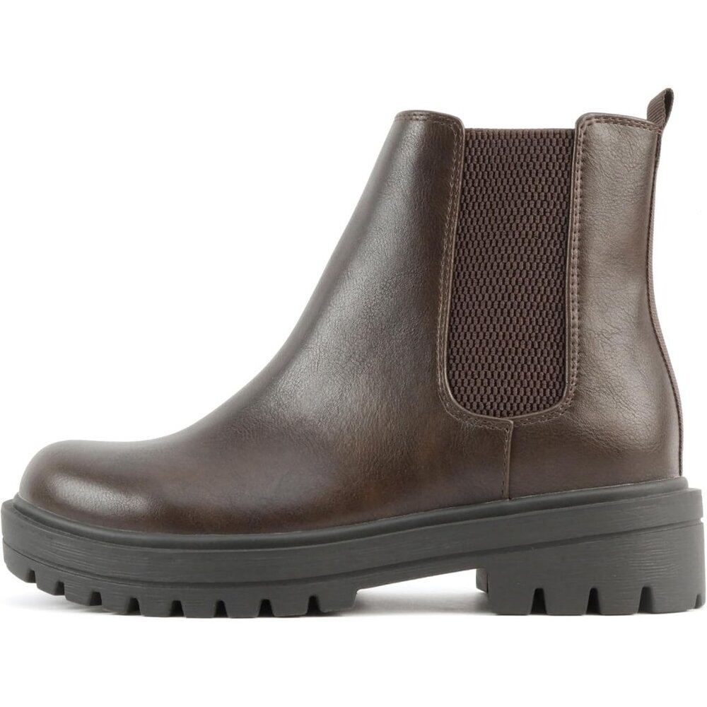 Women Brown Pu Lug Sole Low Chunky Heel Chelsea Double Elastic Ankle Booties